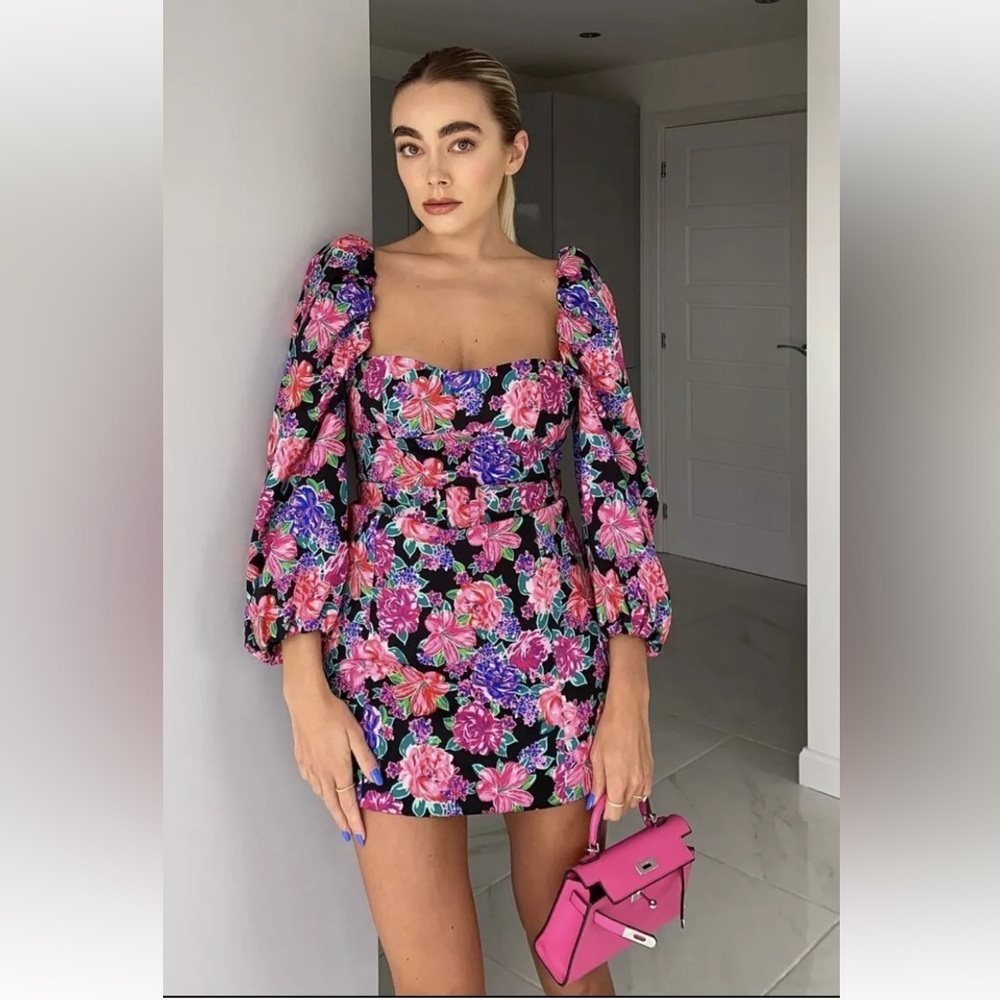 NWT Zara Floral Belted Pink Purple Puff Sleeve Mini Dress Zinnia Cottagecore XS. - Picture 6 of 16